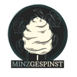Das Minzgespinst-Logo, eine helle Zuckerwatte vor einem dunkelgrünen Hintergrund mit Monstera-Umrissen. Darunter steht: MINZGESPINST.