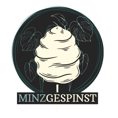 Das Minzgespinst-Logo, eine helle Zuckerwatte vor einem dunkelgrünen Hintergrund mit Monstera-Umrissen. Darunter steht: MINZGESPINST.